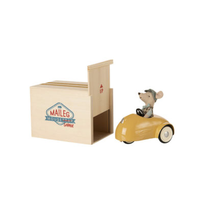Raton con Coche Vintage y Garaje - Amarillo - juguetes tradicionales - madera - Liderlamp (1)